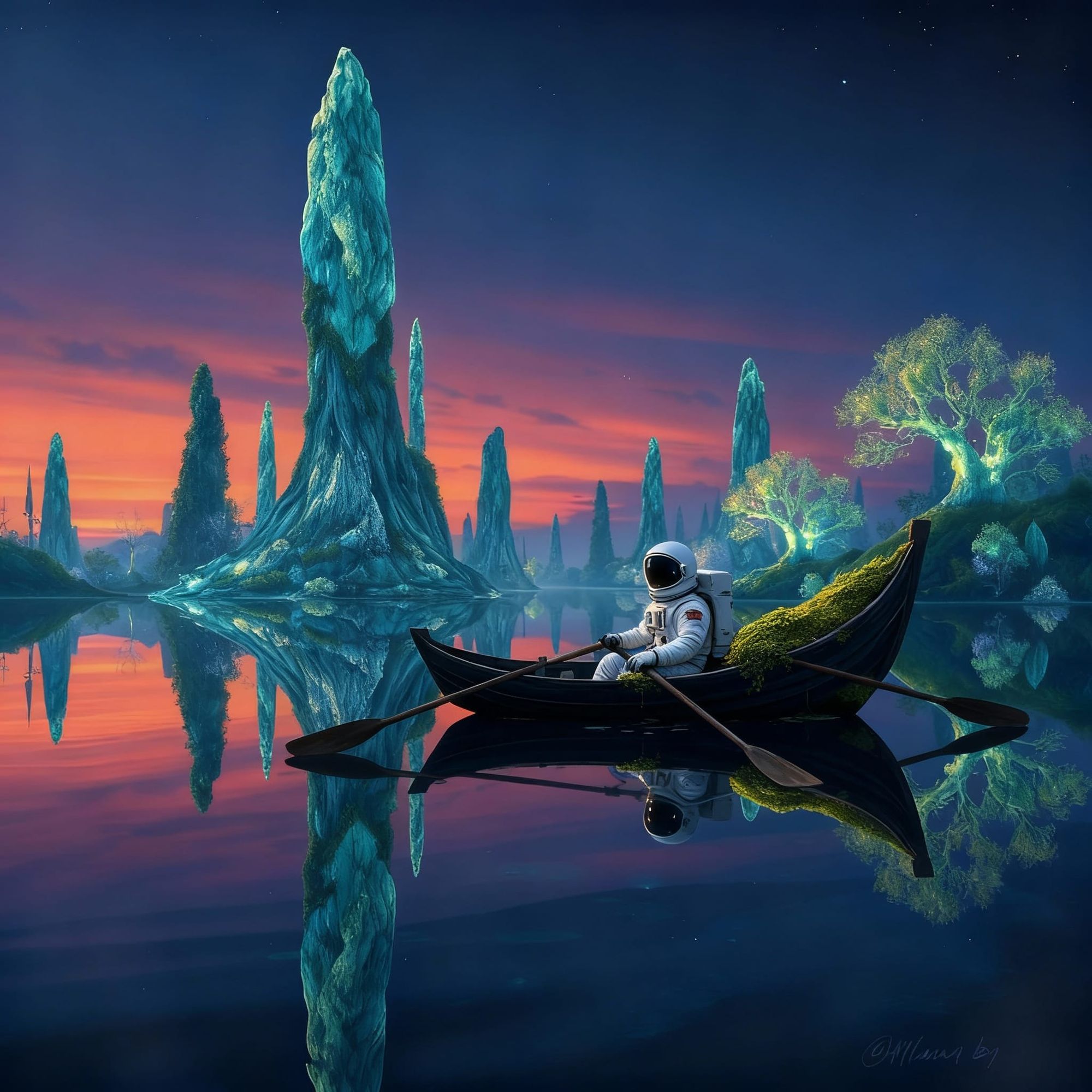 An ancient, moss-covered boat drifts silently on a mirror-like lake, surrounded by colossal, crystalline trees that pierce a twilight sky. T...