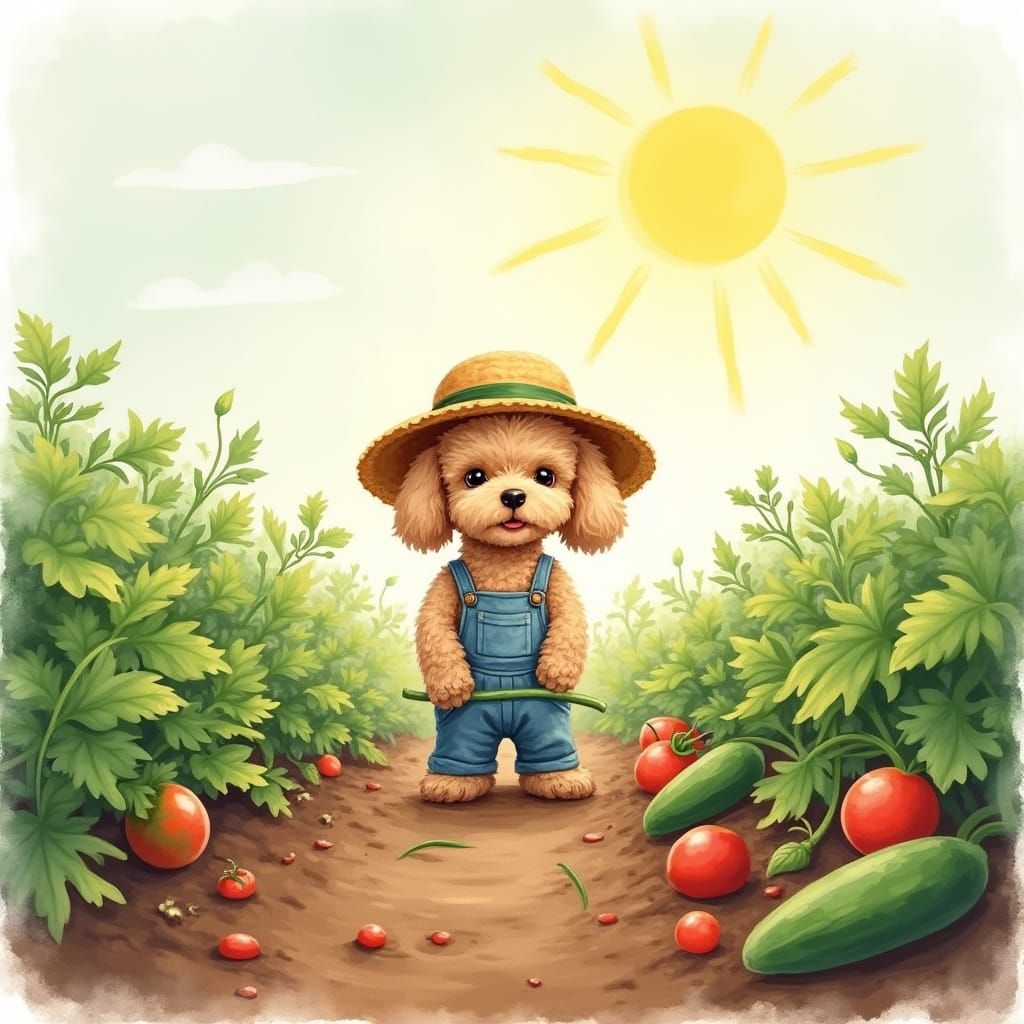 Toy Poodle Gardener in Whimsical Watercolor Style