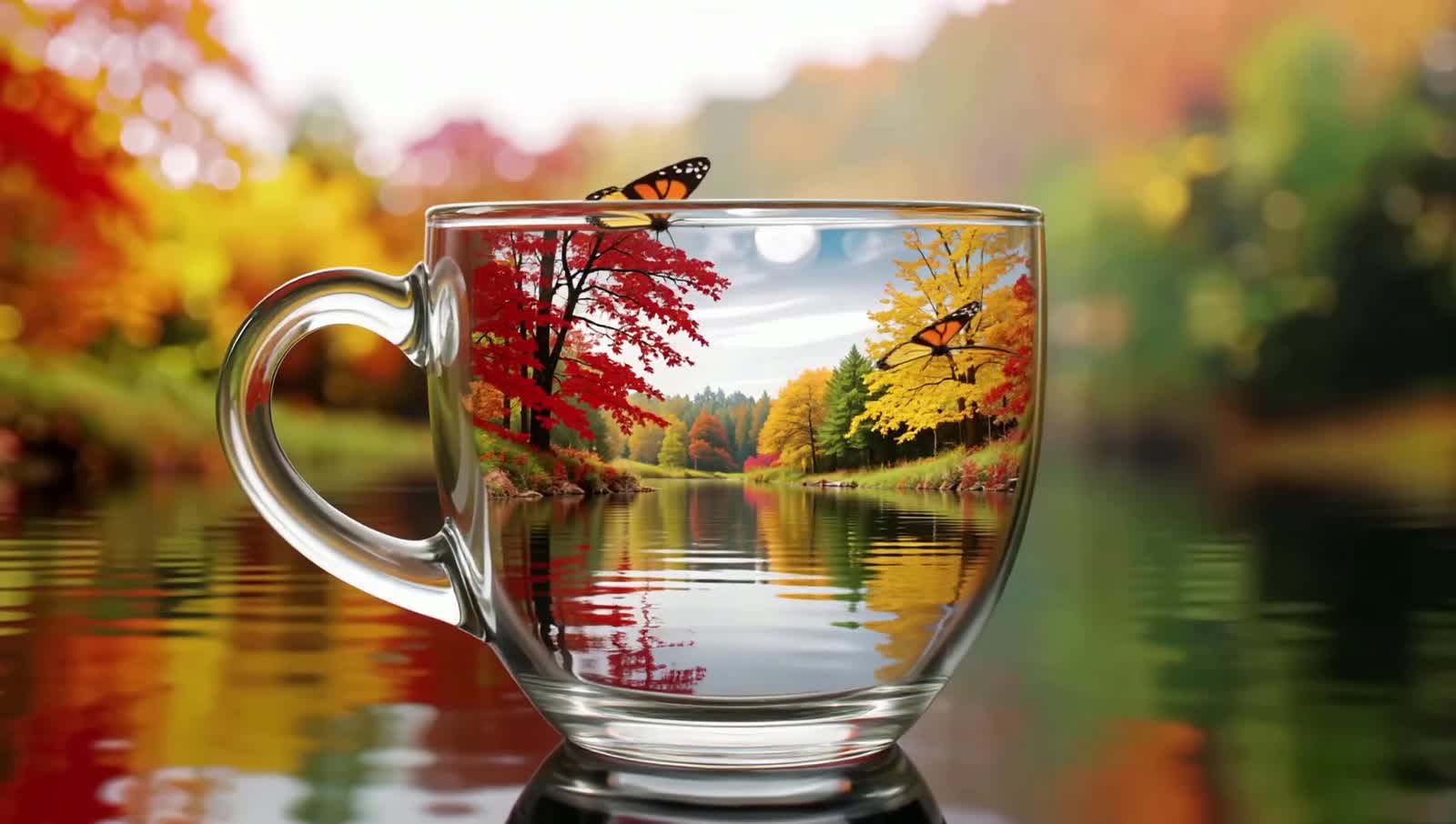 Glass coffee cup with an autumn forest complete with lake inside the cup. Butterflies flit around the cup. Background is...