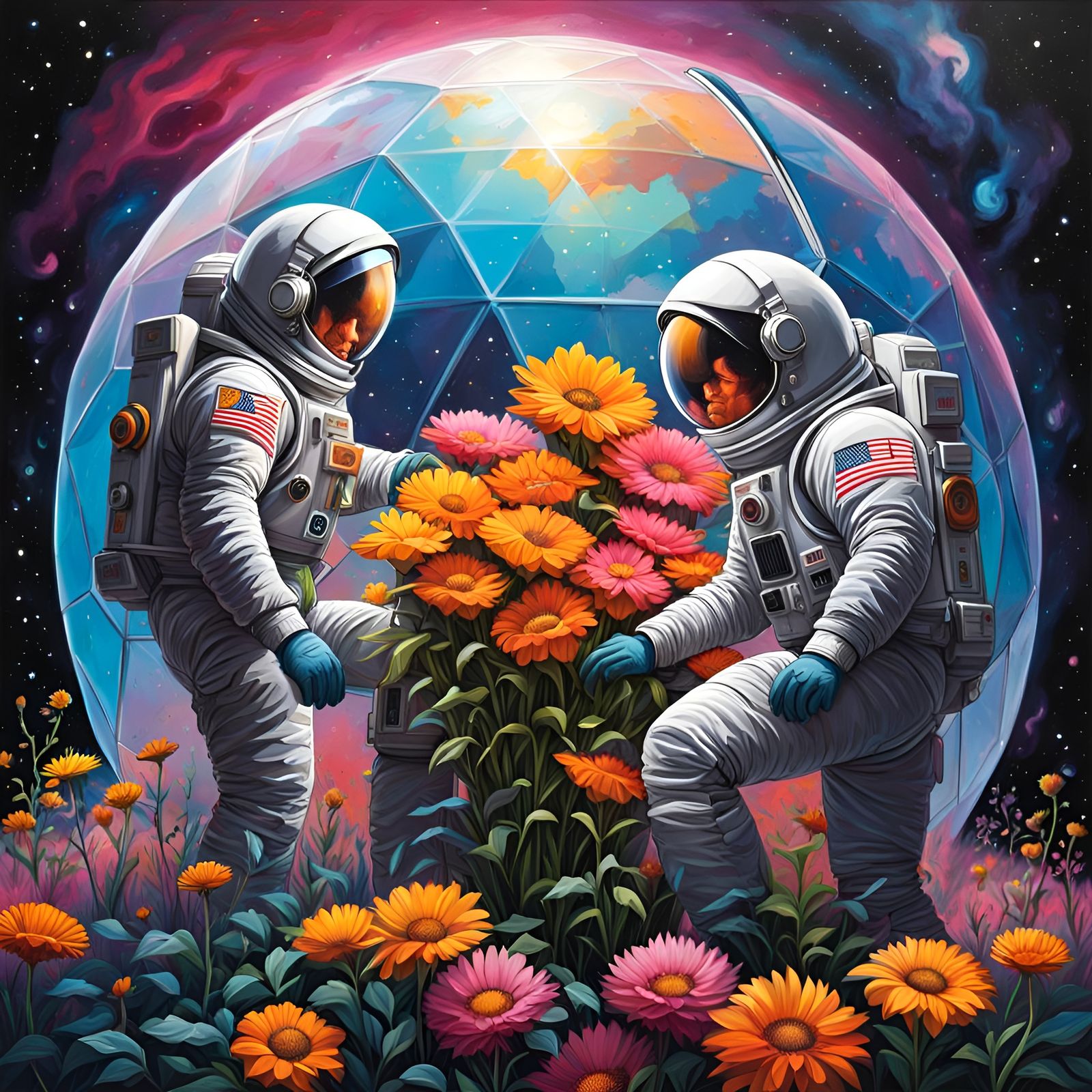 Three men in spacesuits tending to the flowers in a geodesic...
