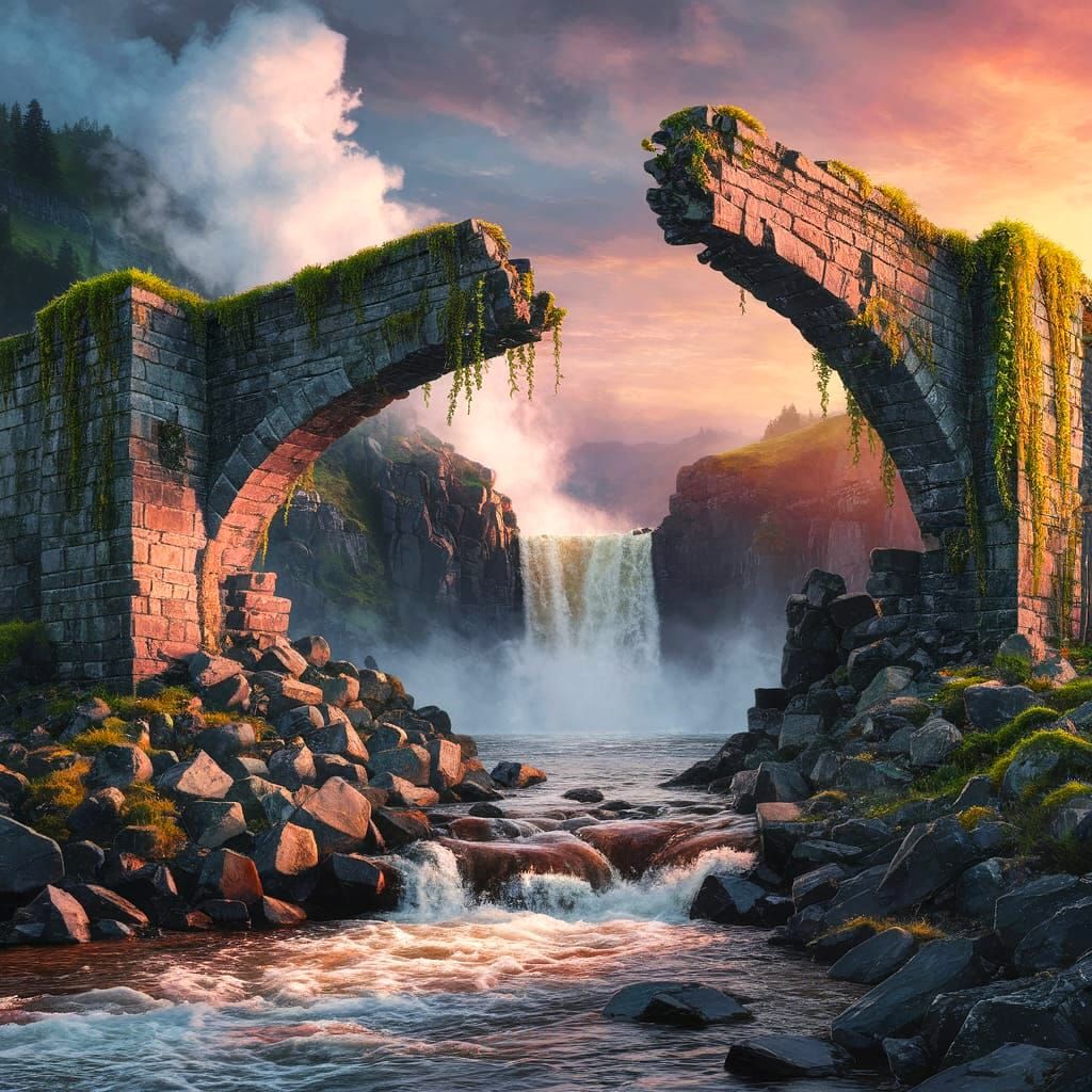 An ancient broken stone bridge crumbles into a ravine with a rushing river beneath. the opposite half ...  by @Gaile