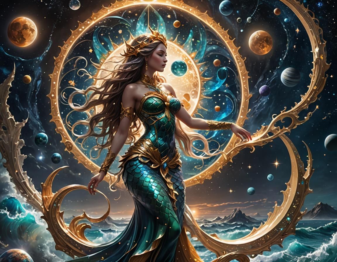 Create in the foreground a very beautiful Space Mermaid Godd...
