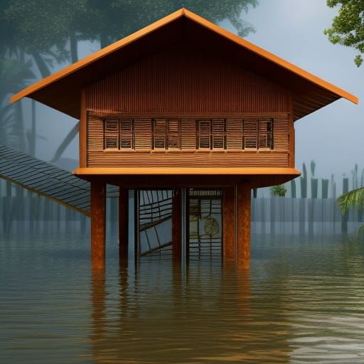 modern traditional malay house on stilts during flood architectural
