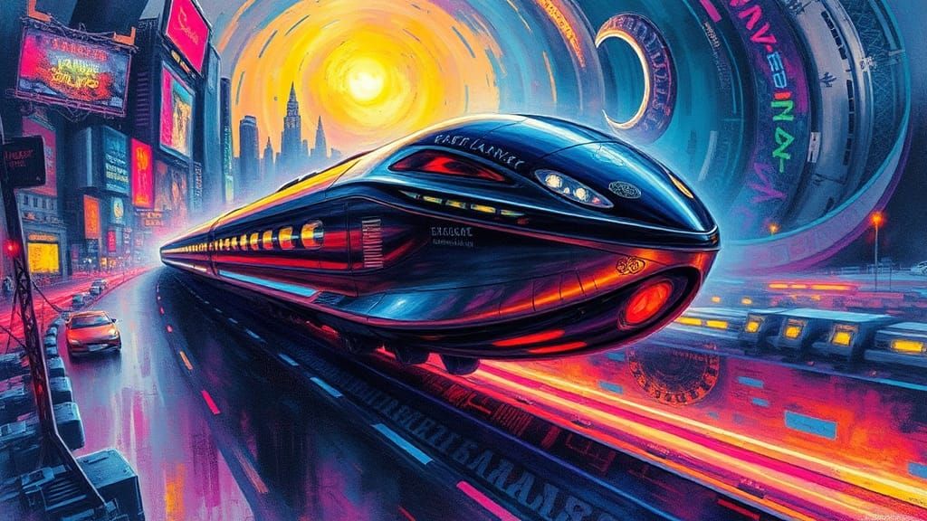 Futuristic Train to Outback: Hyperdetailed Watercolor Impast...