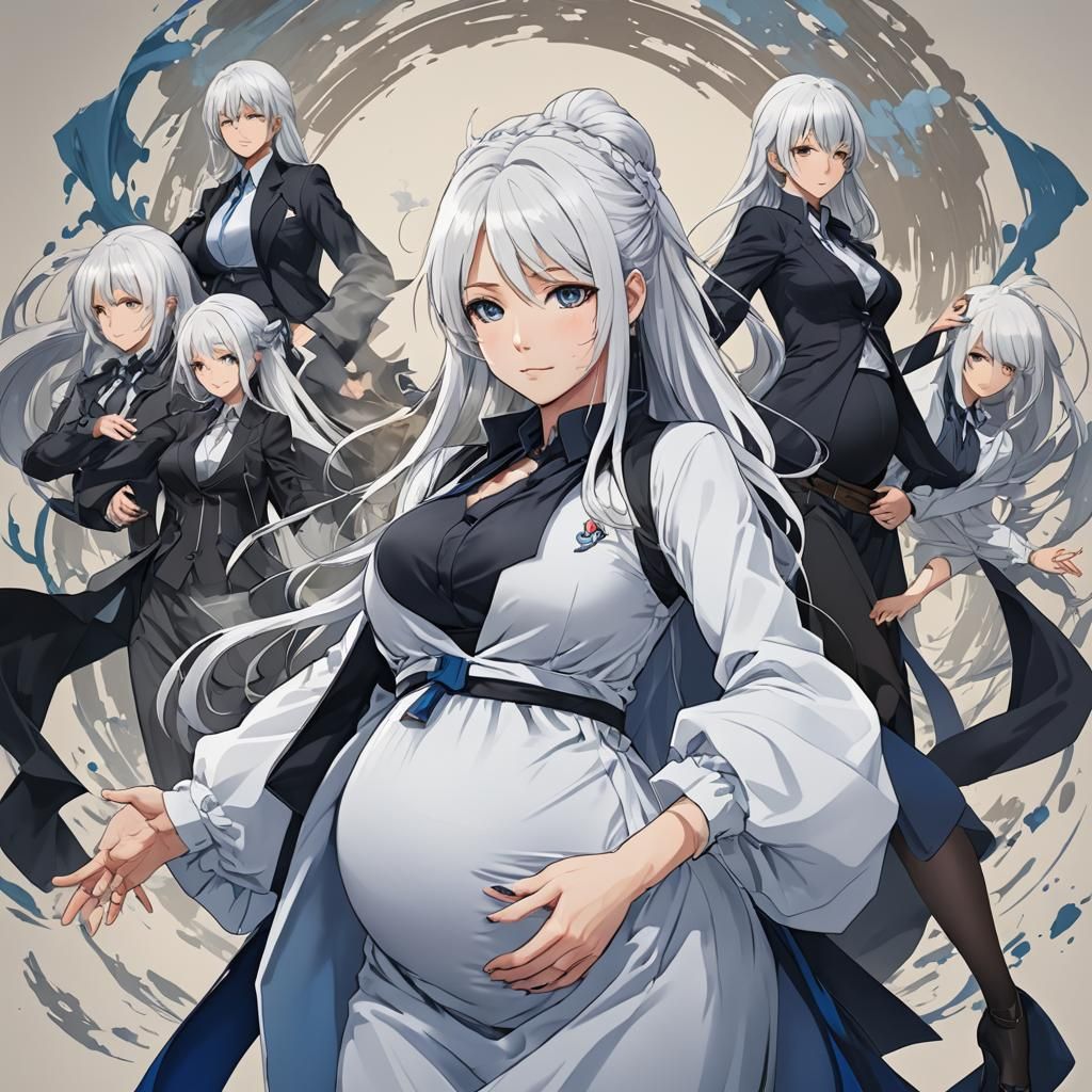 pregnant anime buisness women with white hair and black and ...