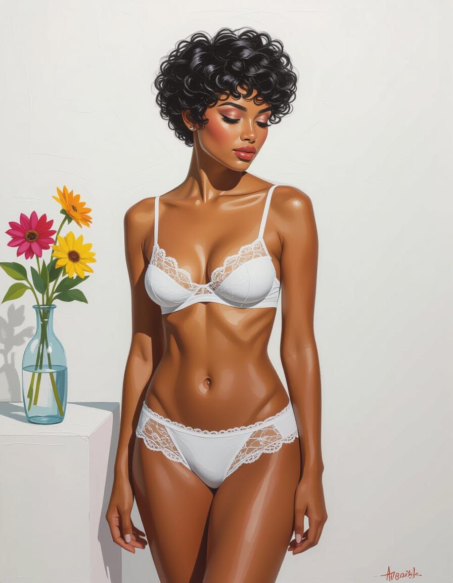 Woman in White Lace Briefs, Expressionist Impasto Painting