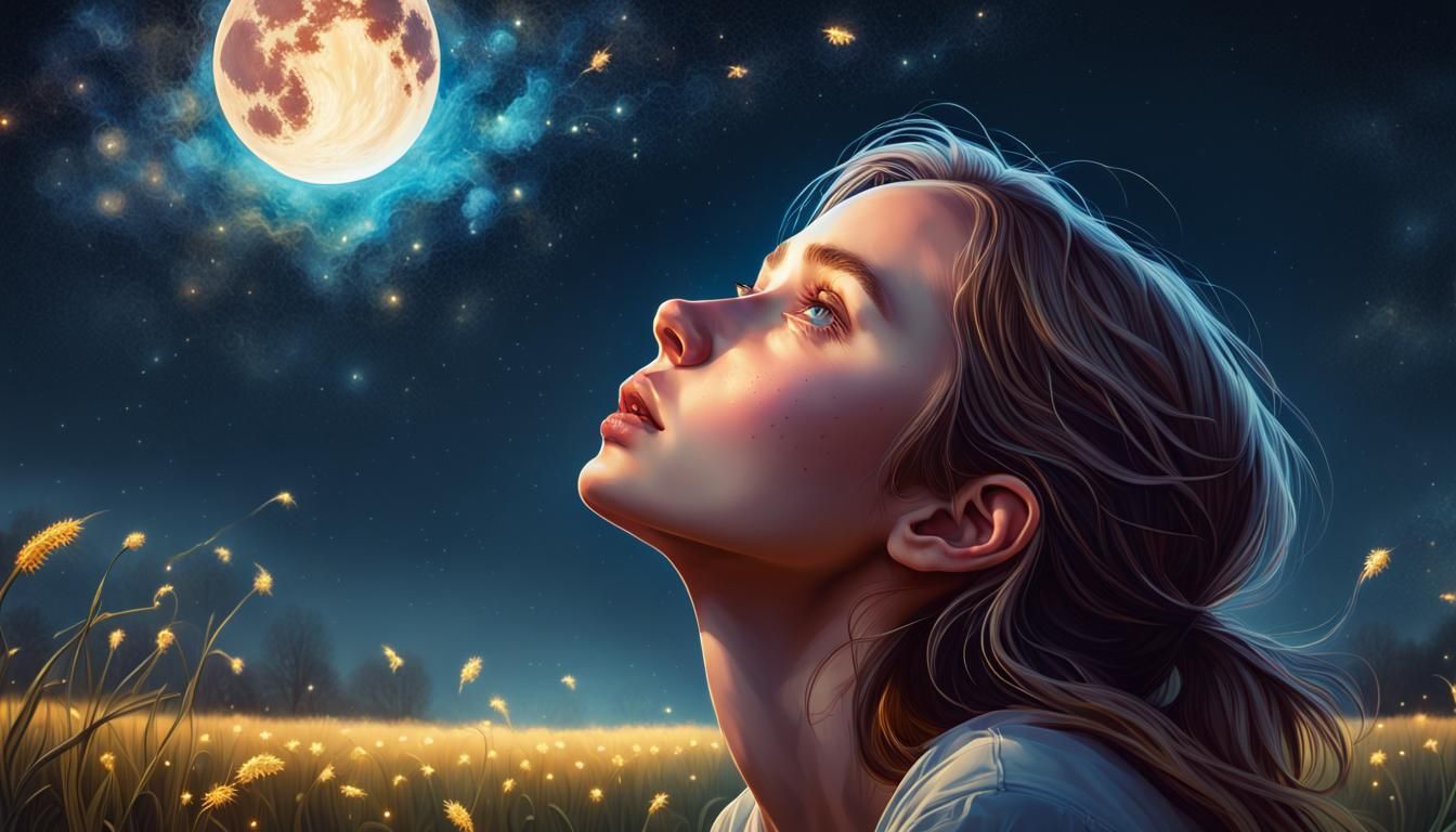 girl under the moonlight in a field of stars looking up and wondering, serene, cinematic, deep colors, ...  by @undefined