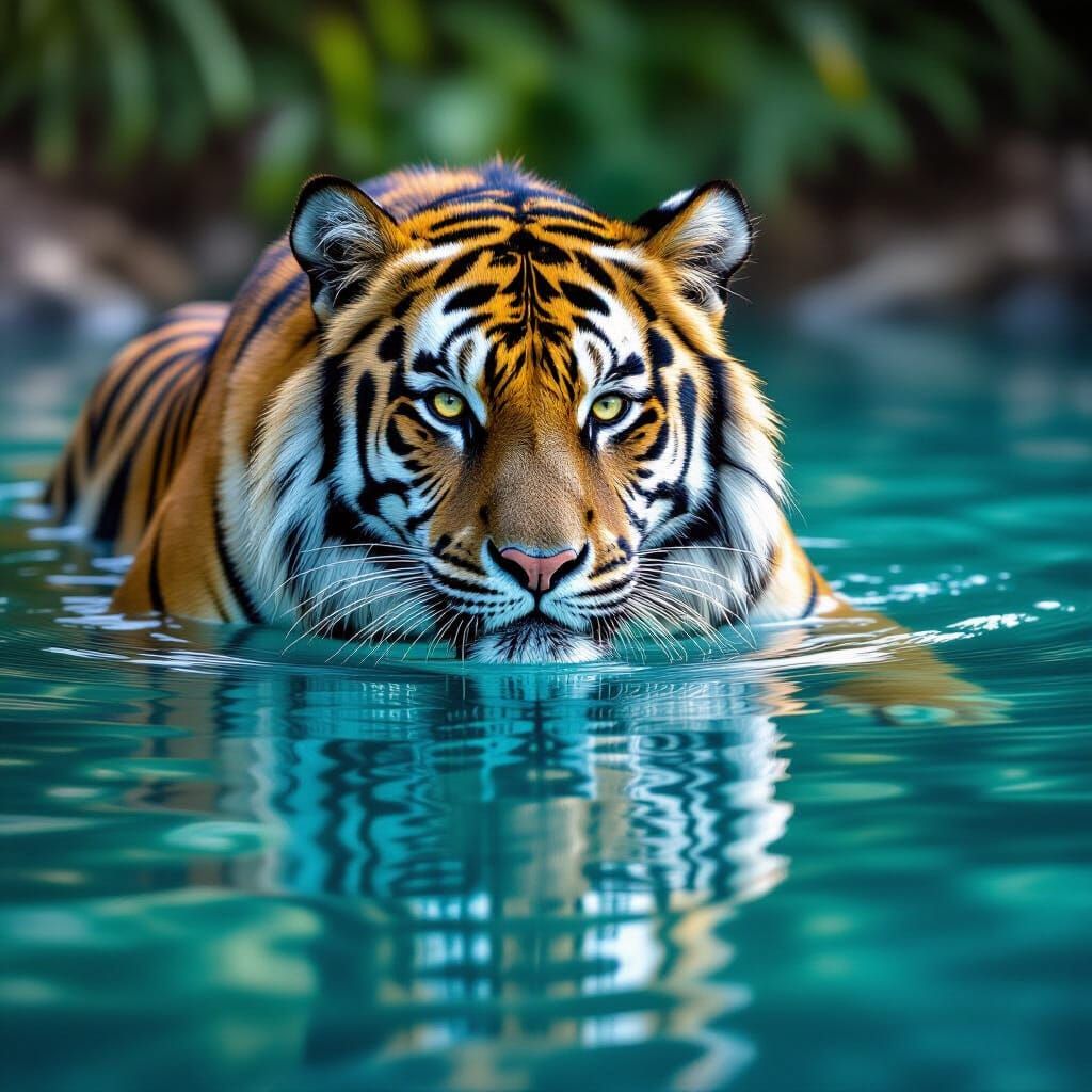 Majestic Tiger Reflected in Calm Water, Photorealistic Style