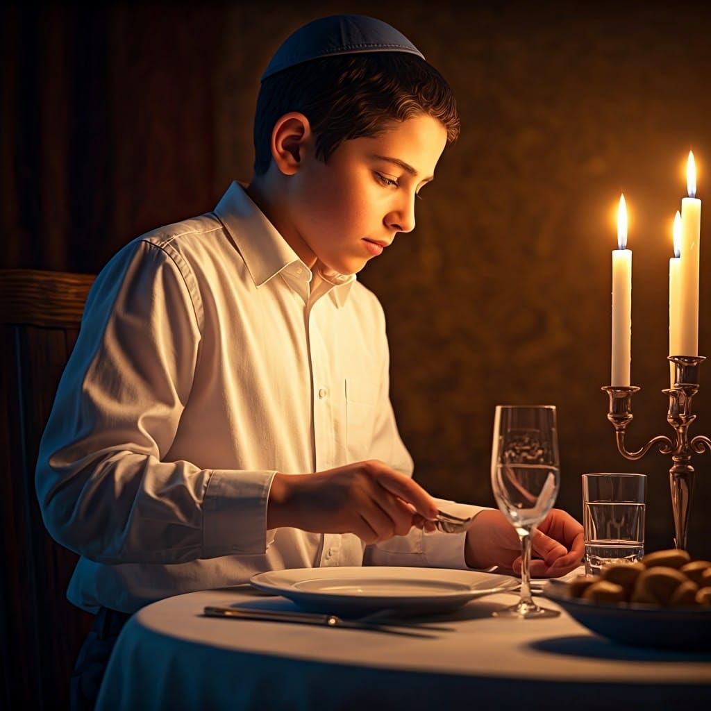 Young Orthodox Boy Sets Shabbat Table in Hyperrealistic Deta...