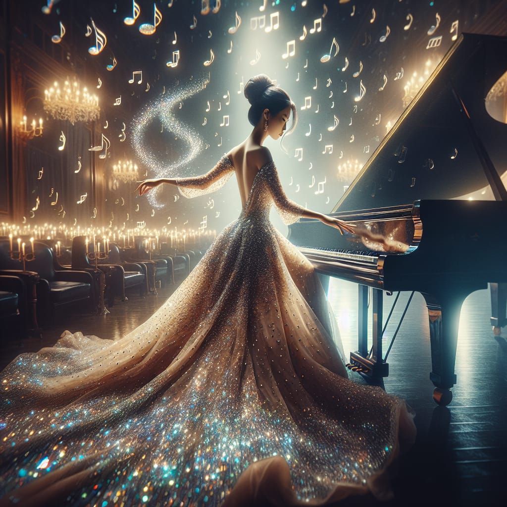 Pianist playing a baby grand piano. Sparkling and iridescent music notes floating in the air  by @Melissa Fischer