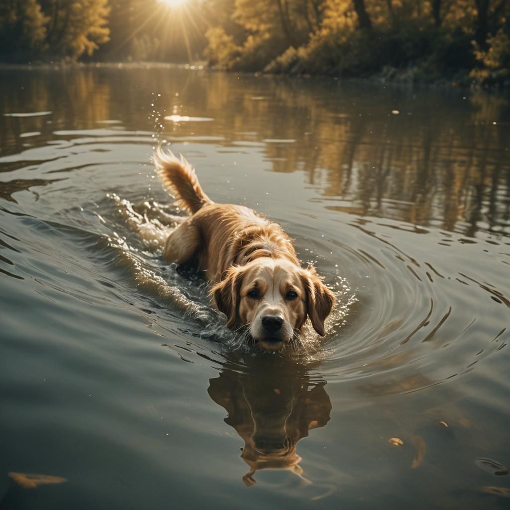 Golden-Eyed Dog Paddles Through Misty Waters