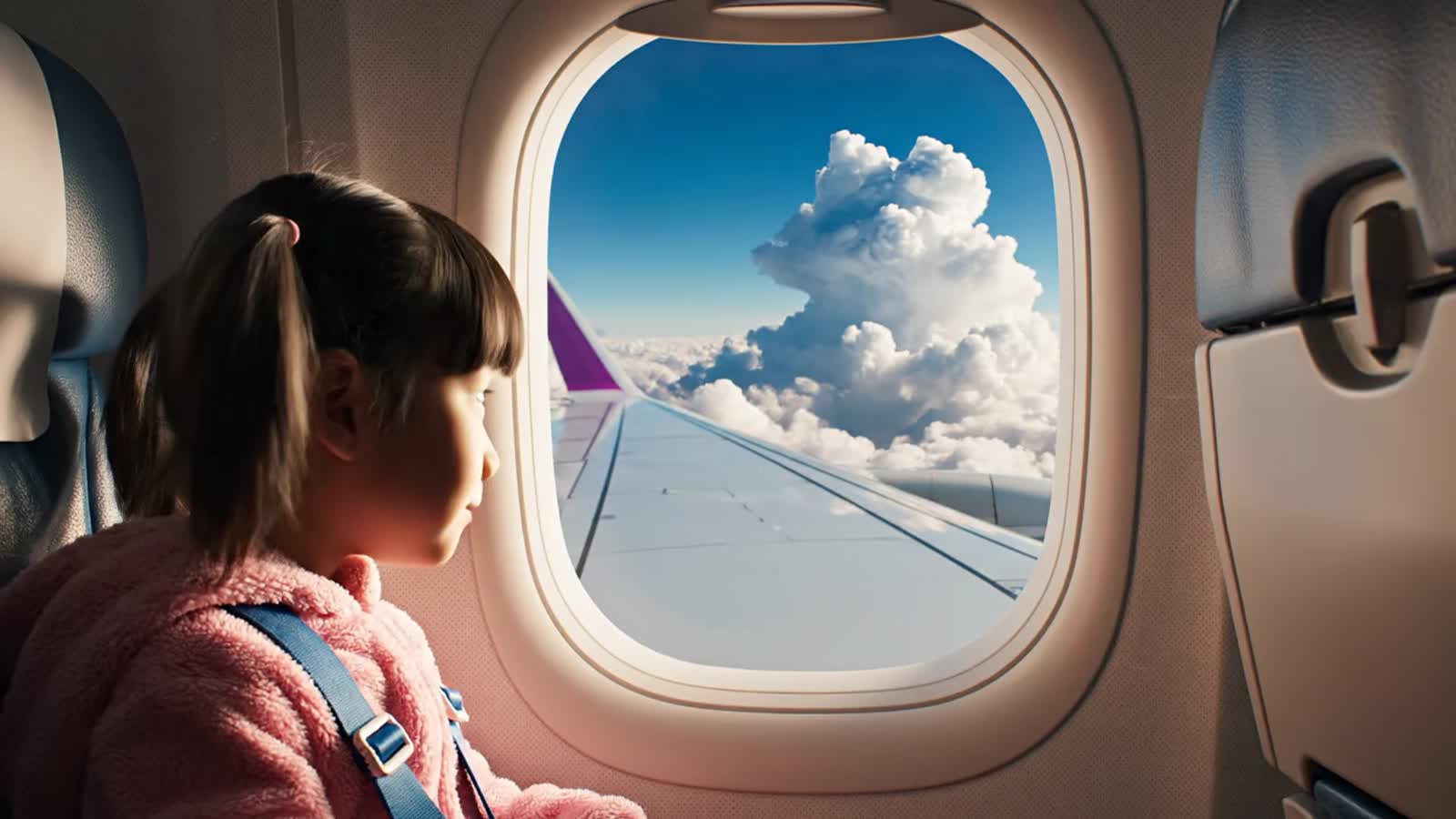 A little girl on an airline seat looking out the window and seeing Mickey Mouse on the airplane wing waving at her ...