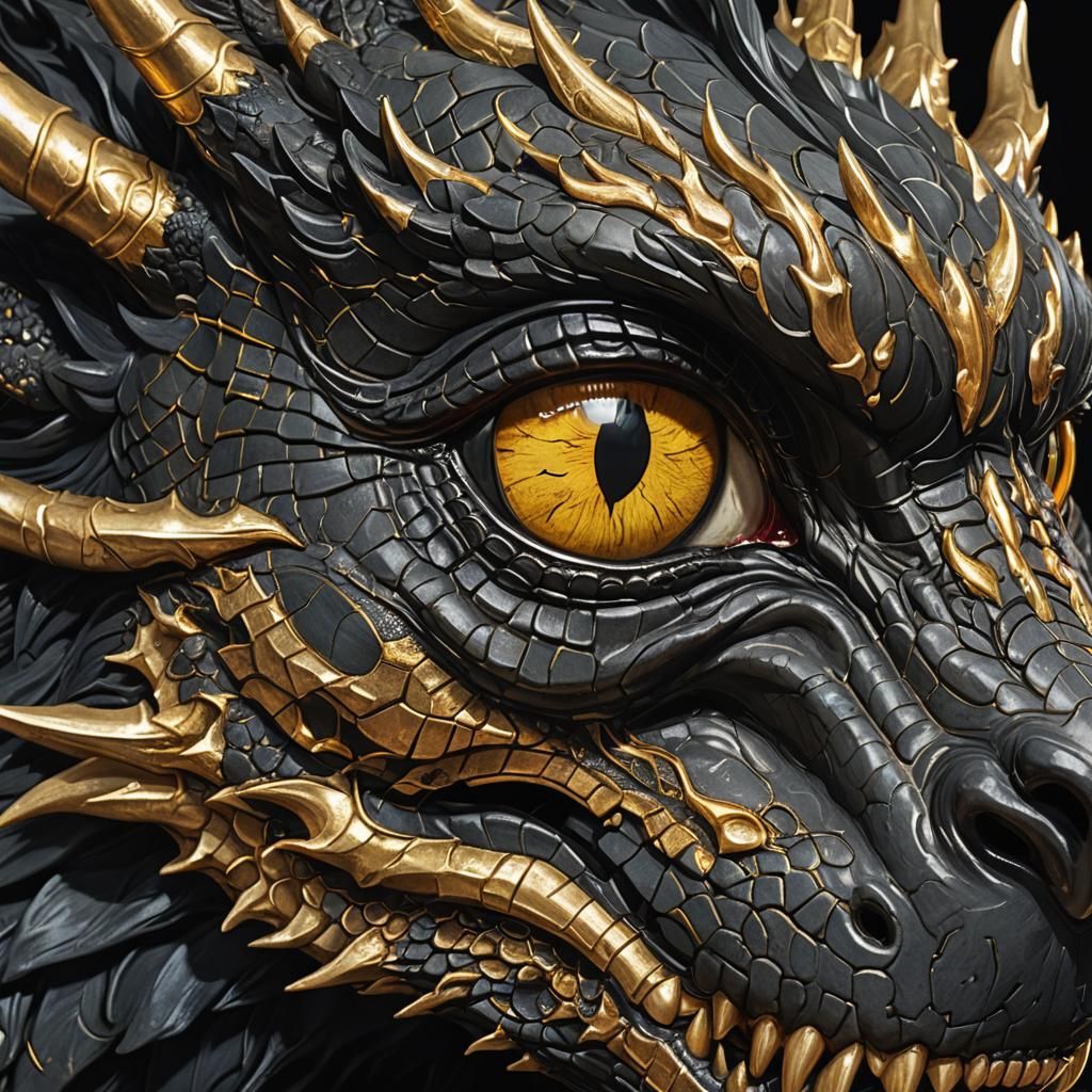 A close up view of a Large black velvet shadow dragon golden...