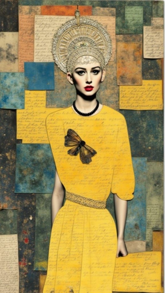 <lora:Funky:1.0> Layered mixed media collage, yellowed vignette cursive manuscripts, variety of texture and pattern, batik patchwork, beauti...