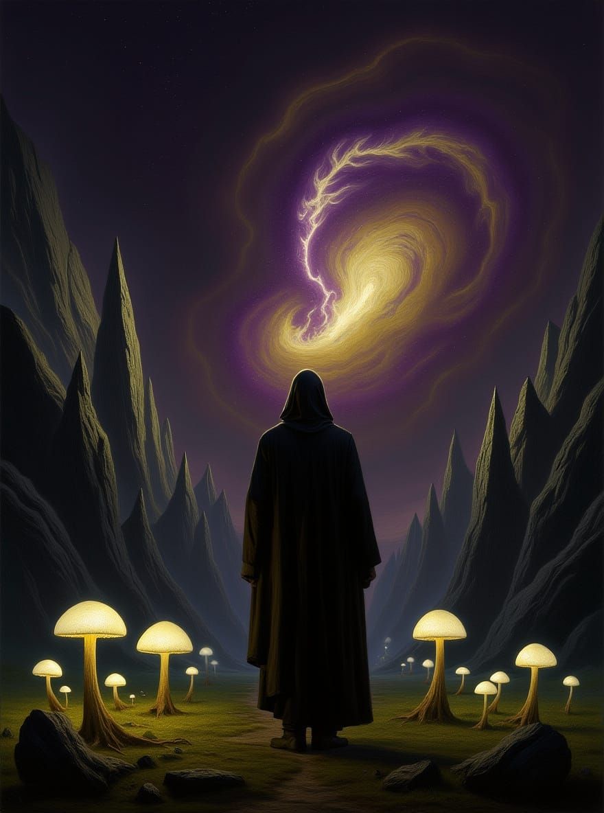 A solitary figure stands on a crystalline cliff overlooking a swirling nebula of amethyst and gold. The figure is cloaked, their face obscur...