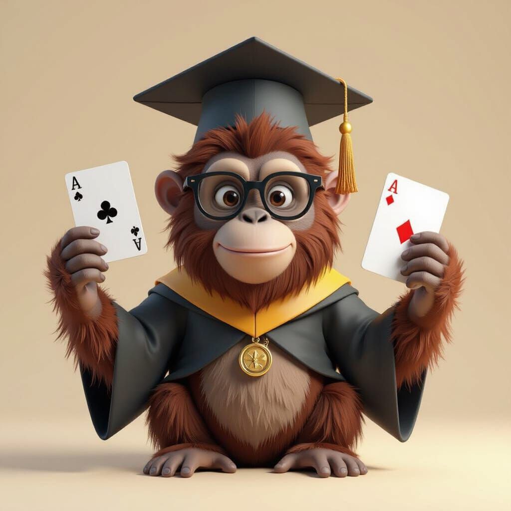 Image of an organutan with glasses wearing a graduation hat and holding Ace of Clubs and King of Clubs. Use a neutral background