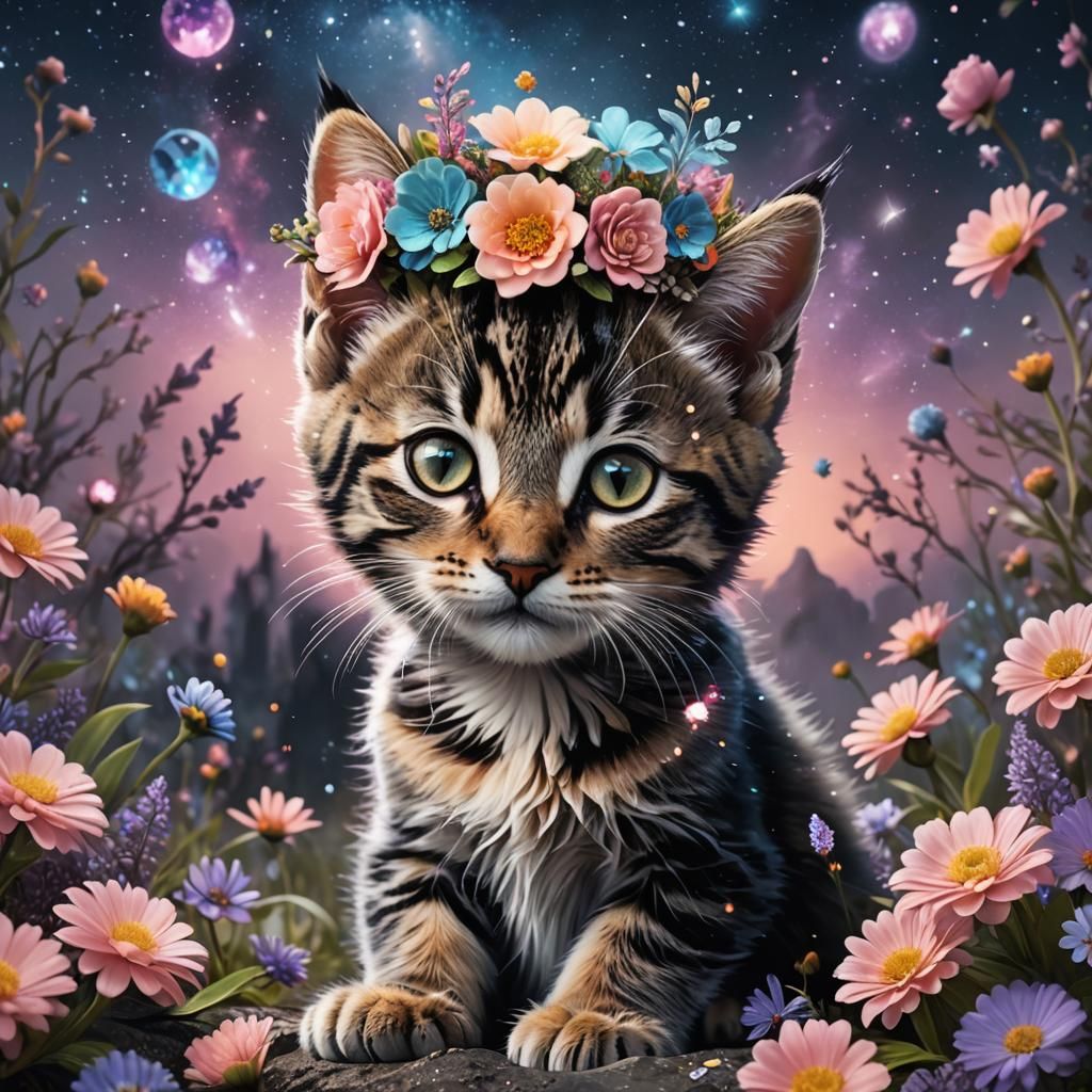 Tabby Kitten with Flower Crown: Dreamy Surreal Galaxy Art