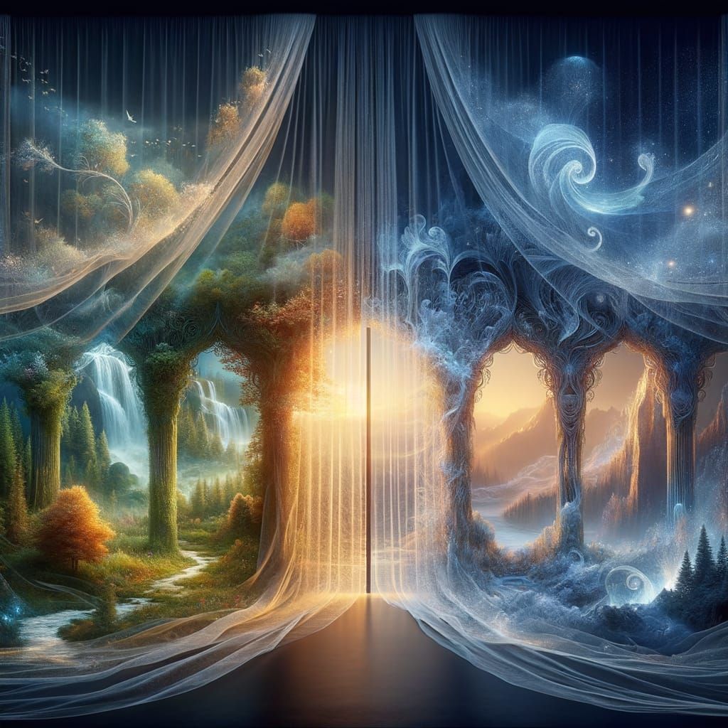 A glowing, ethereal veil separates two vibrant, magical worlds. One side has lush forests and waterfalls, while the other is a mystical, ind...