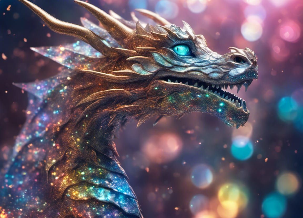 glitter dragon, bokeh, sparkle, shimmer, holographic, opal