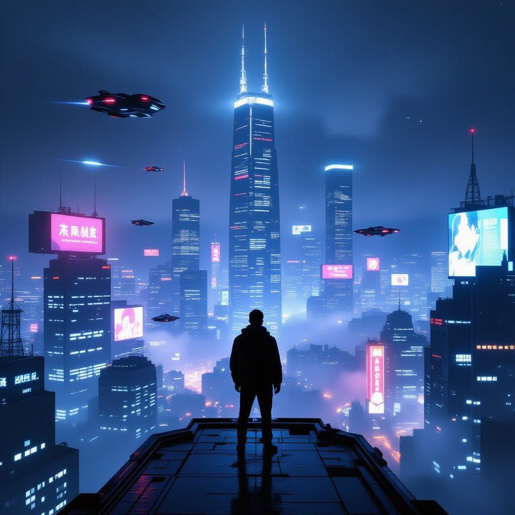 Futuristic Man Overlooks Cyberpunk City at Night