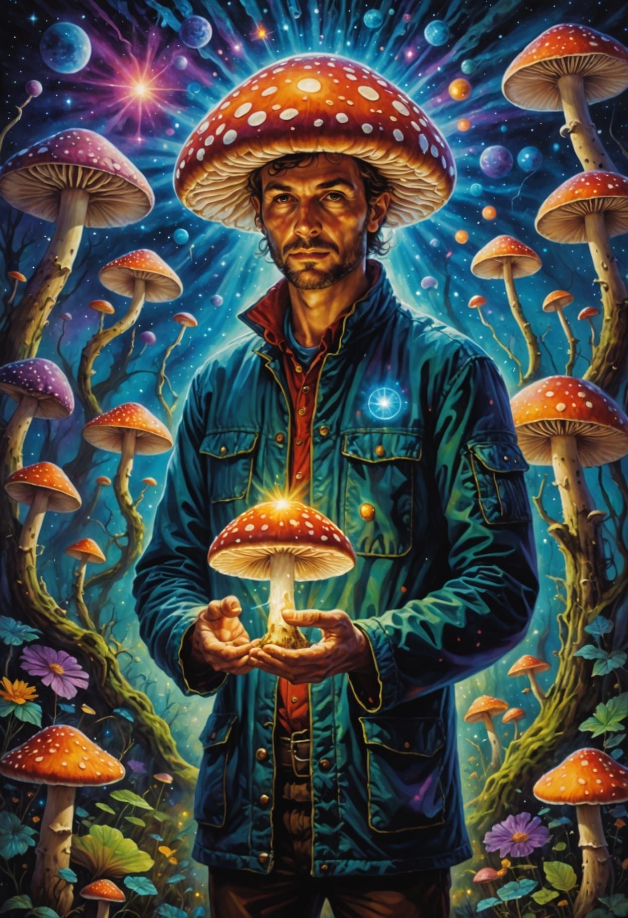 Esoteric Mushroom Man in Cosmic Light