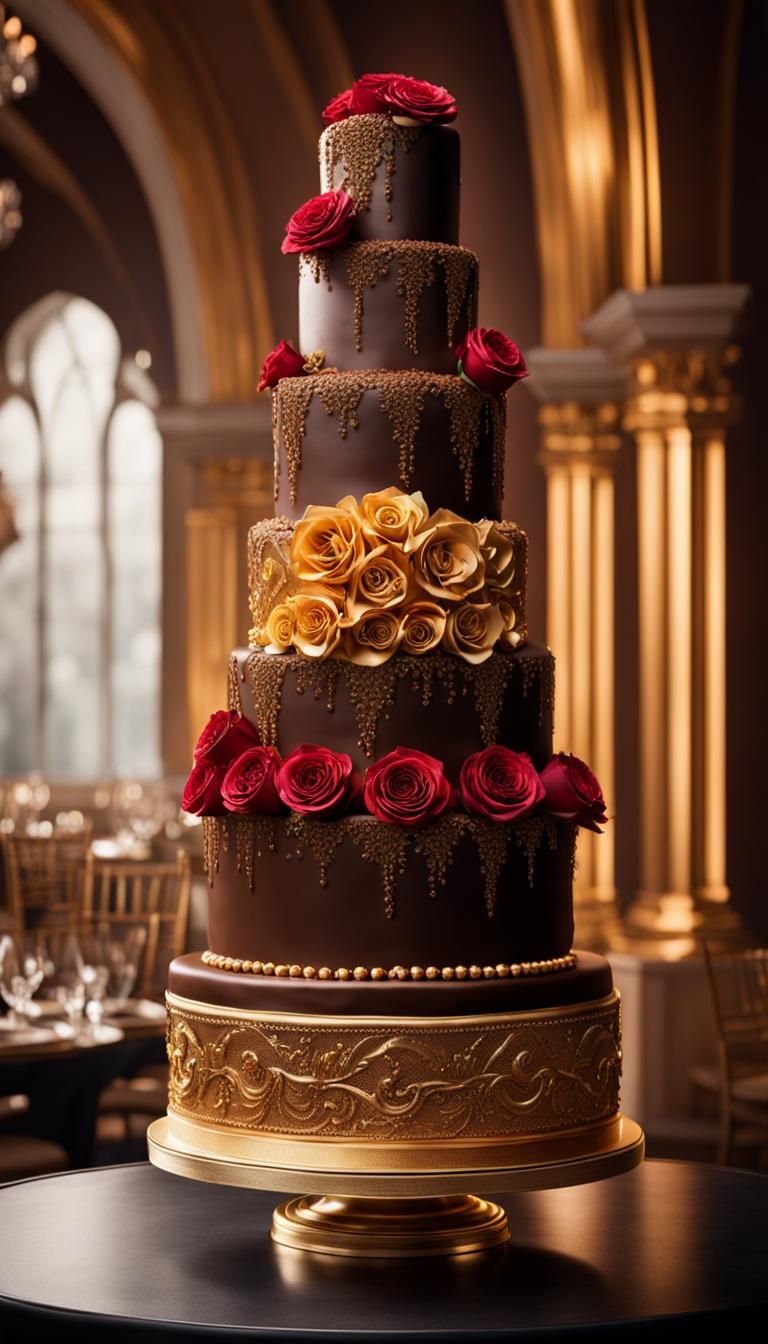 A 6 tier wedding cake on a gold cake stand with roses  by @undefined