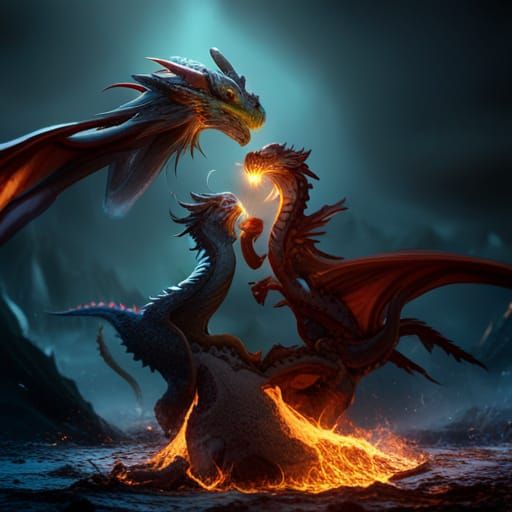 An innocent dragon spitting out fire while kissing