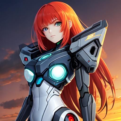 Beautiful cyborg girl in sunrise