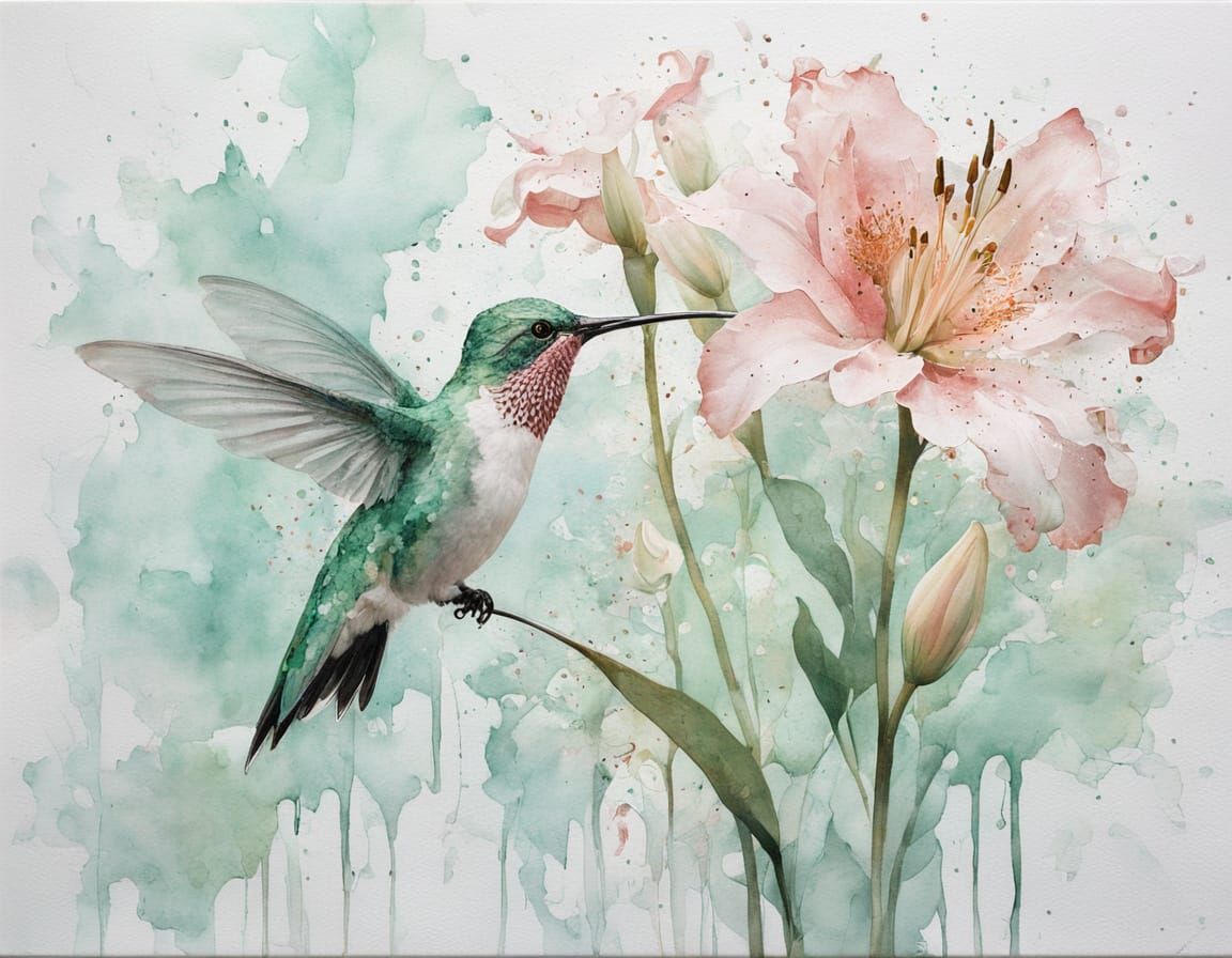 Adorable pastel lovebirds on branch 
Background as Lush watercolor painting of a magical garden, filled with vibrant flowers, fluttering but...