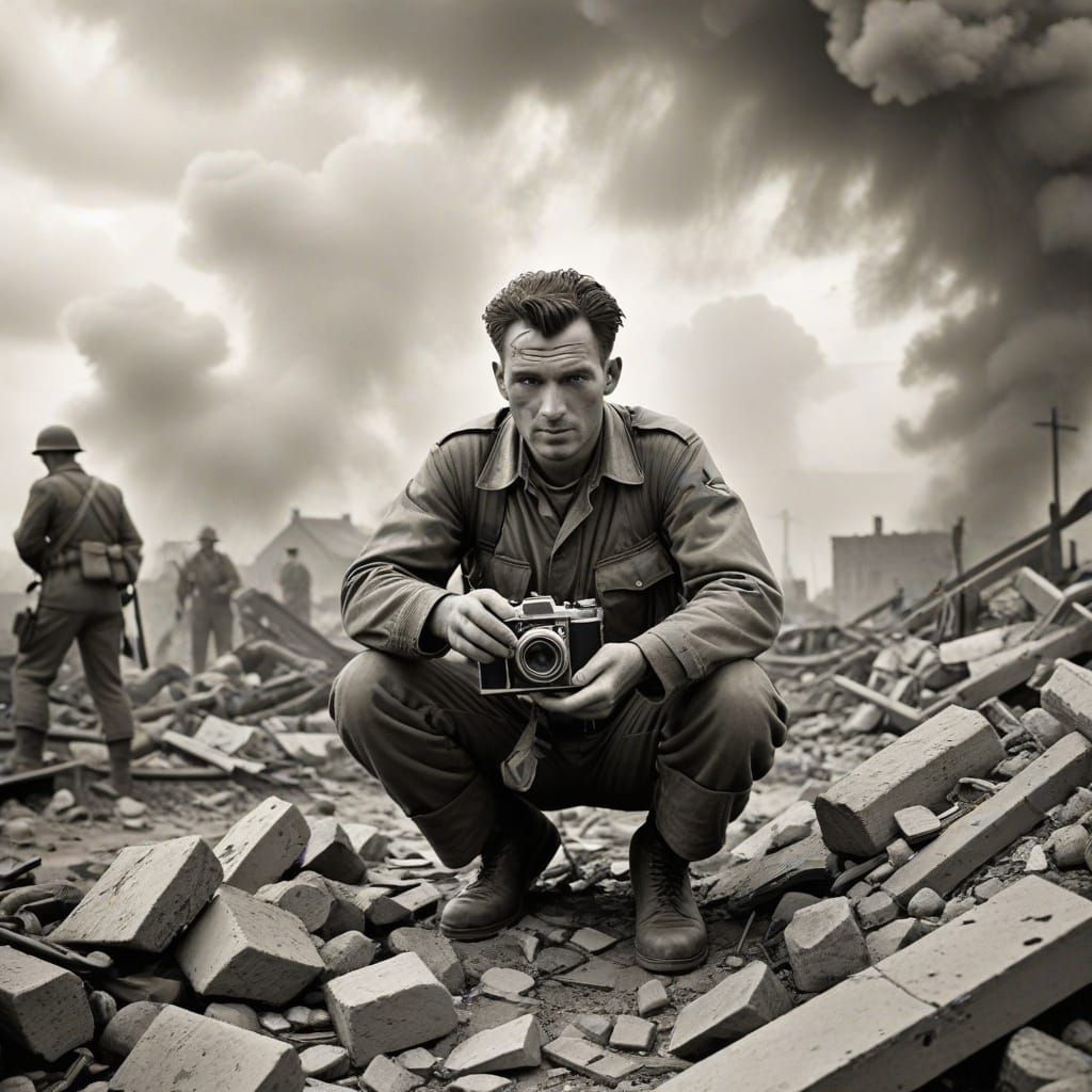 Dramatic 1940s War Photography in Film Noir Style