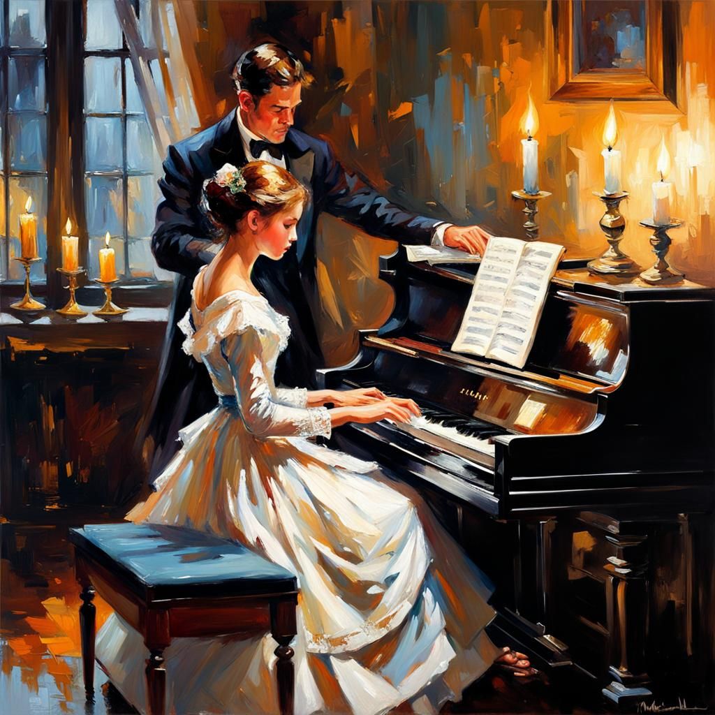 "A young girl in Victorian dress plays the piano by candlelight. A young man stands leaning on the piano looking at the ...