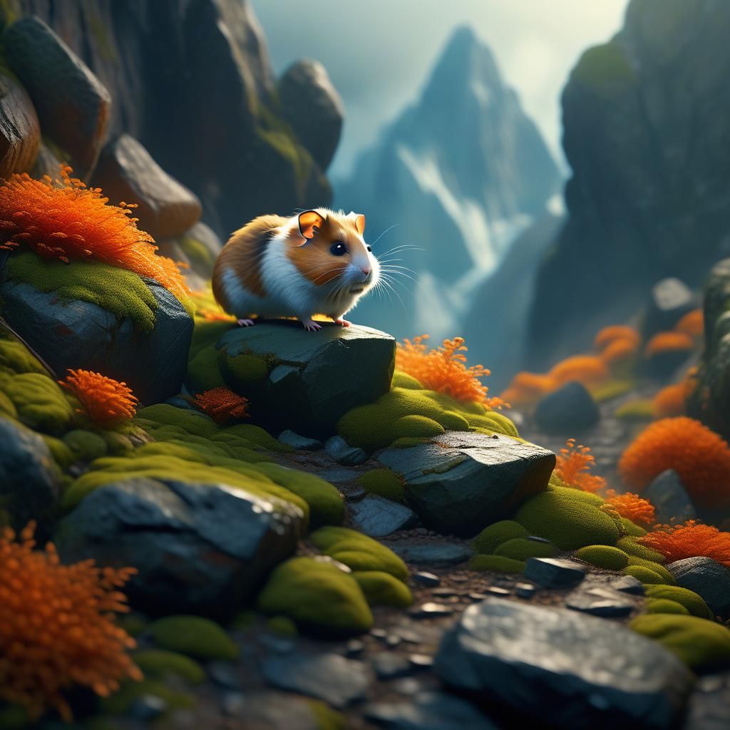 Hamster Climbs Mountain in Epic Fantasy Landscape