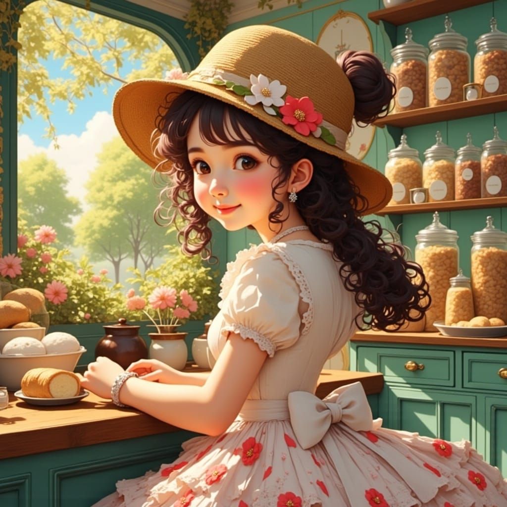 Girl in bakery shop <lora:Cute-Cartoon-Flux:1.0>