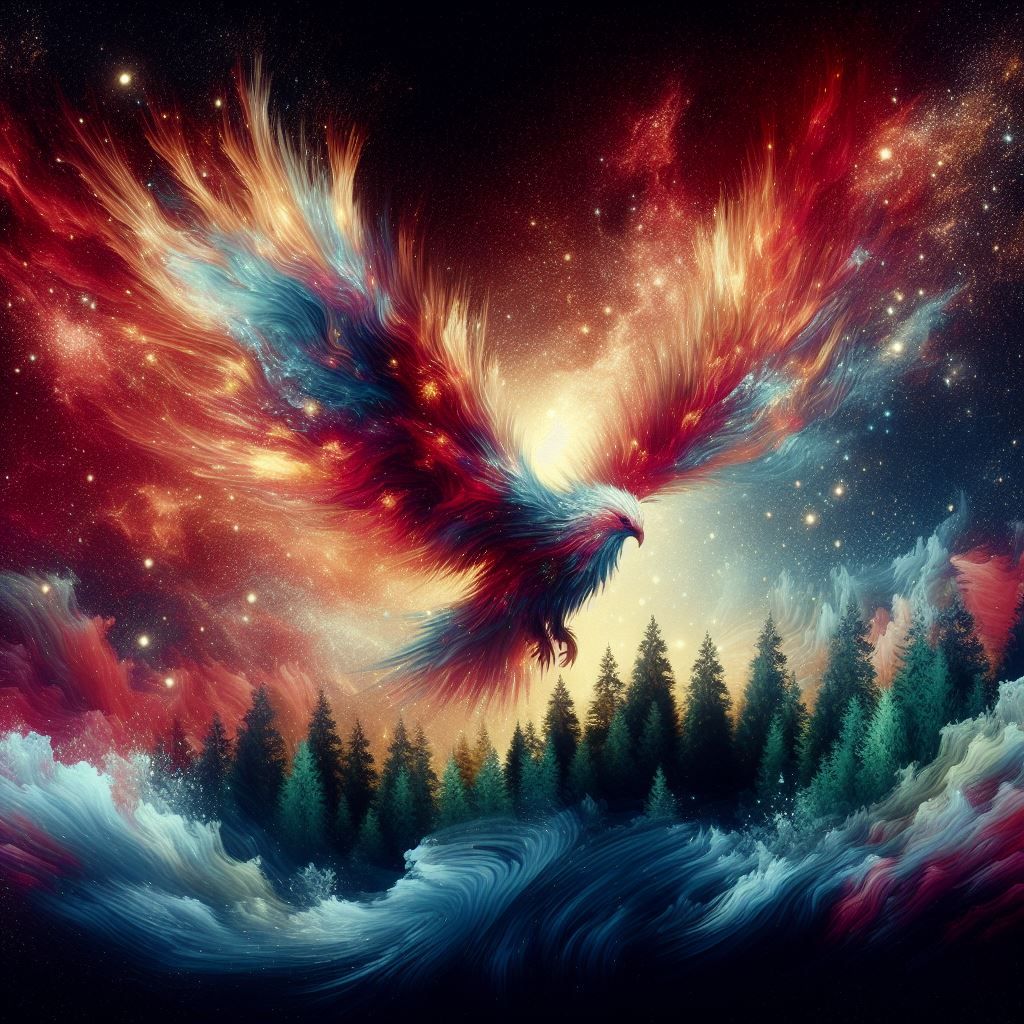 Big Mystic Bird flying at the top of a forest at nebula nigh...