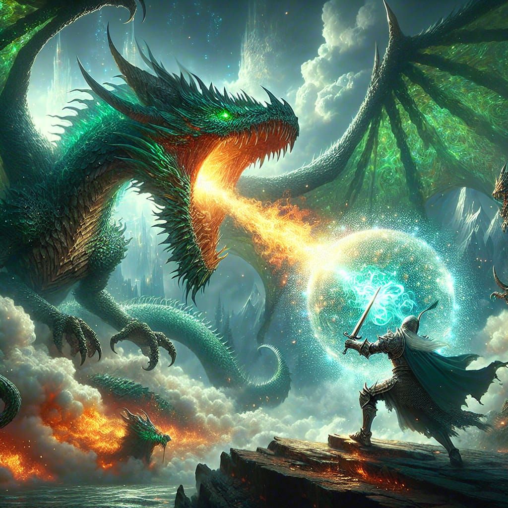 Knight Fighting Dragon With Magic Shield - AI Generated Artwork ...