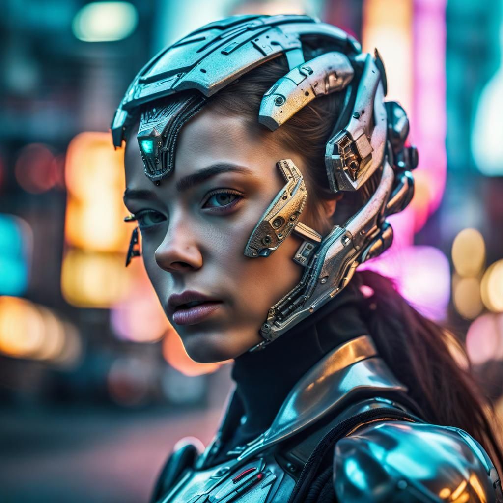 Portrait of a cyborg girl wearing futuristic face armor in a...