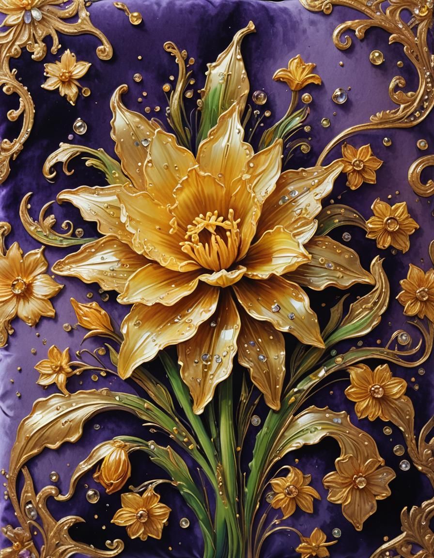 Golden Gem Flower on Velvet Pillow, Impasto Oil Painting
