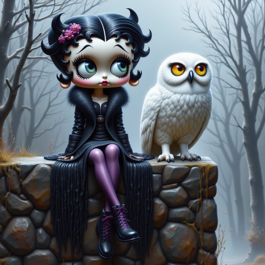 arc shot from over the shoulder of a gothic Betty Boop doll having a conversation with her owl, the camera goes closer first the doll speaki...