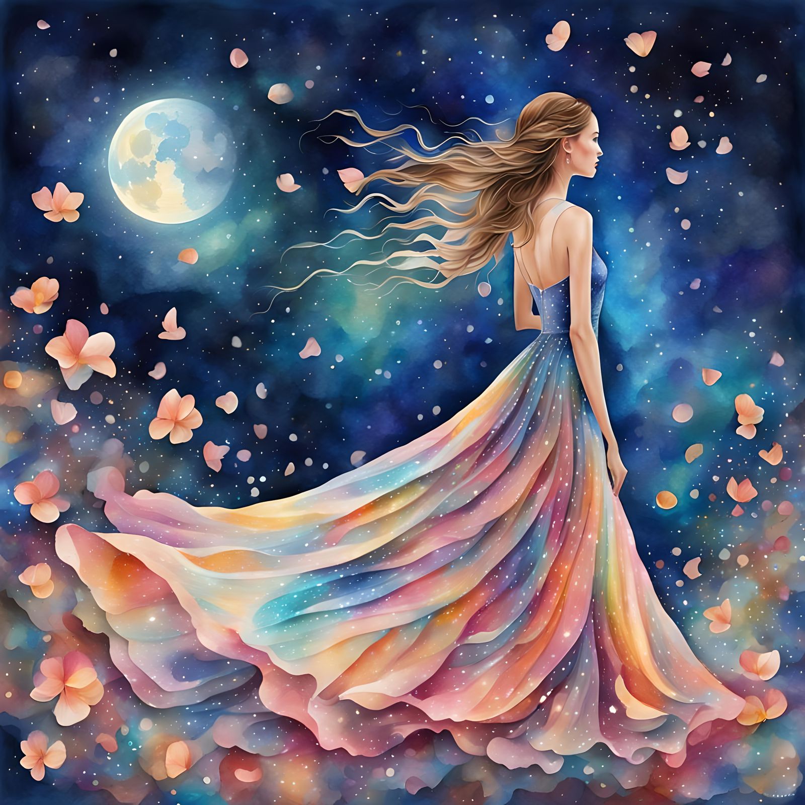 A water colour of a petal dress in the style of a dress, gli...
