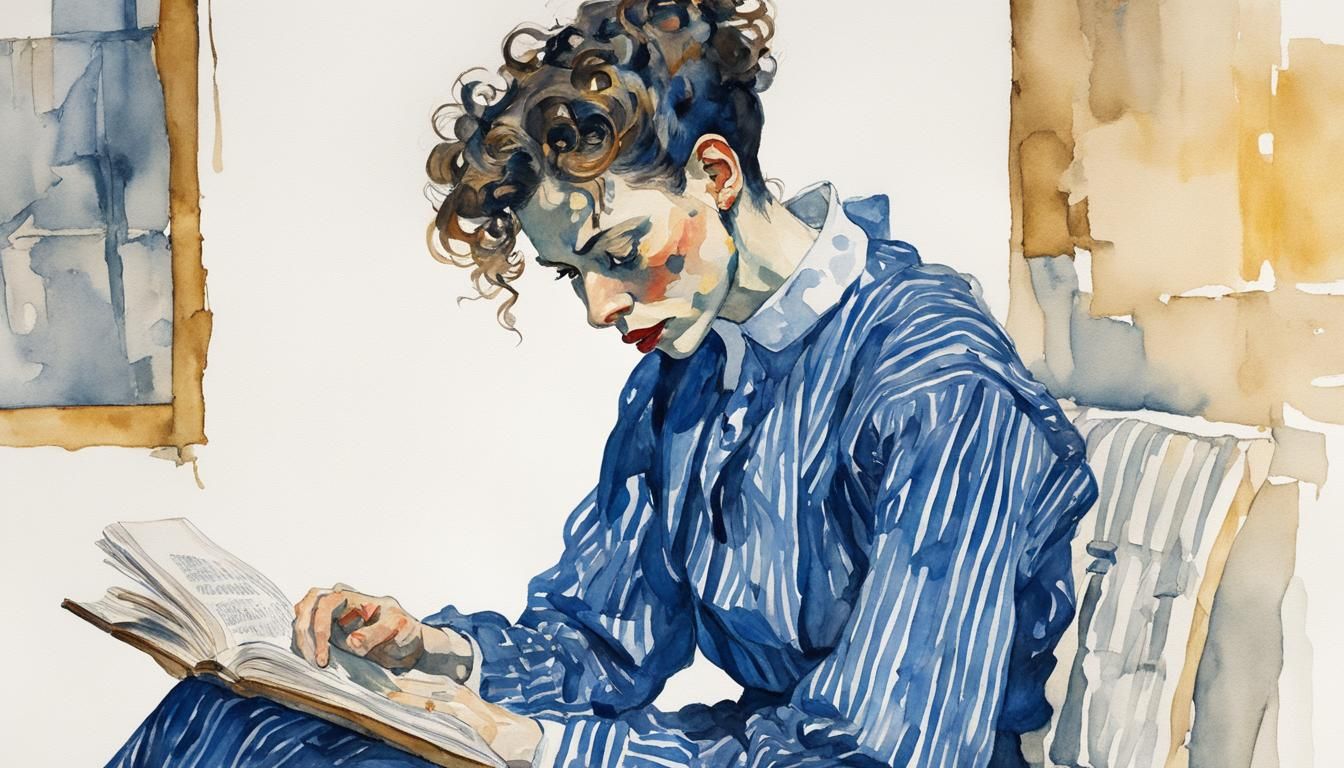 Edith Schiele en robe rayée, assise et lisant son livre ,en 1915, aquarelle  réaliste à la façon d' Egon Schiele exposé au Musée Léopold_