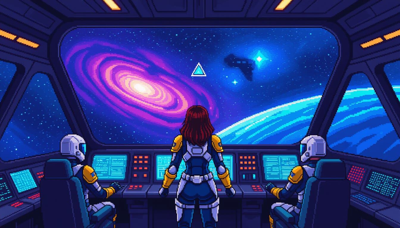 A pixel art  scene of a spaceship cockpit in 16:9 widescreen 480p. A very sexy female commander with shoulder-length bro...