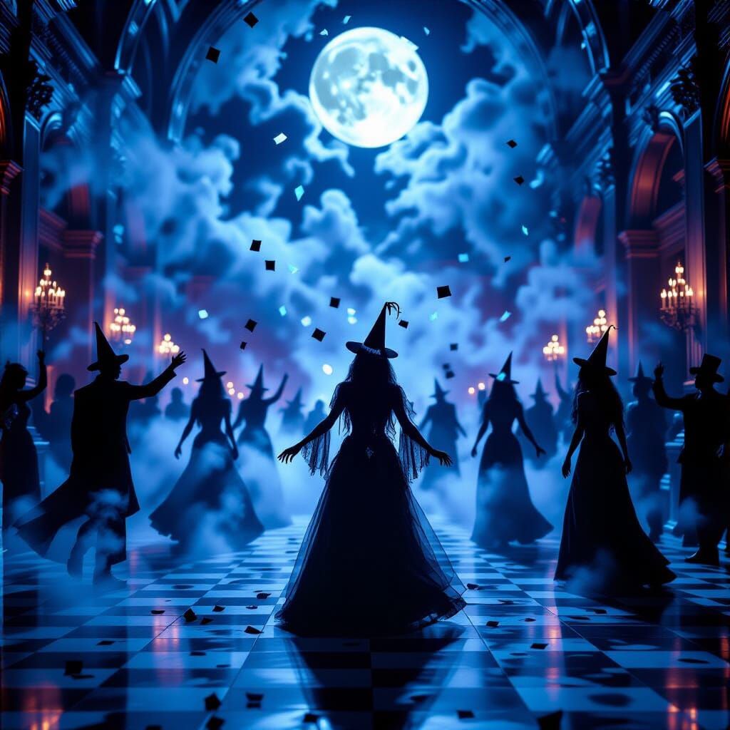A haunted new years ball with ghostly confetti, undead party hats, and a dance floor full of spirits while Rock you like a hurricane song pl... - Start Image 1