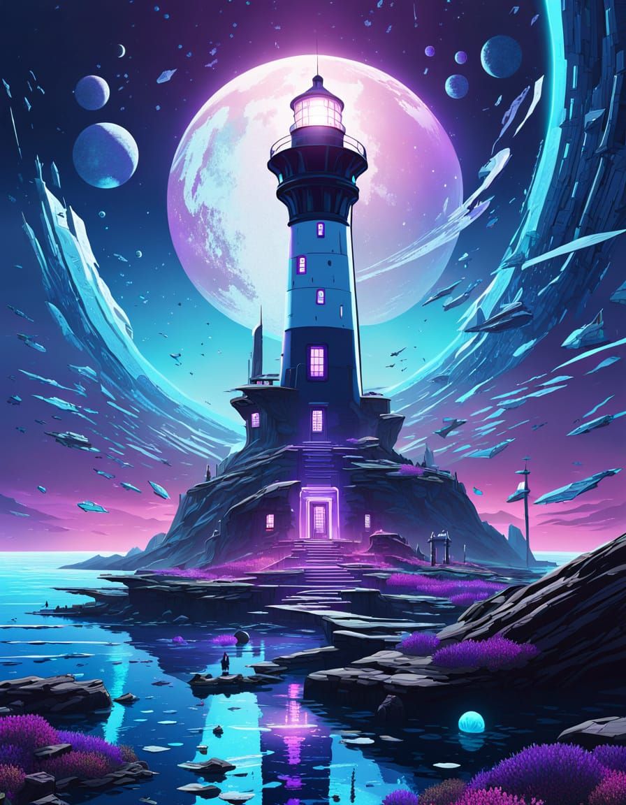Sci-fi Futurism
"A sleek, glowing lighthouse on a distant alien ocean world, made of shimmering metal and levitating crystal. No humans, onl...