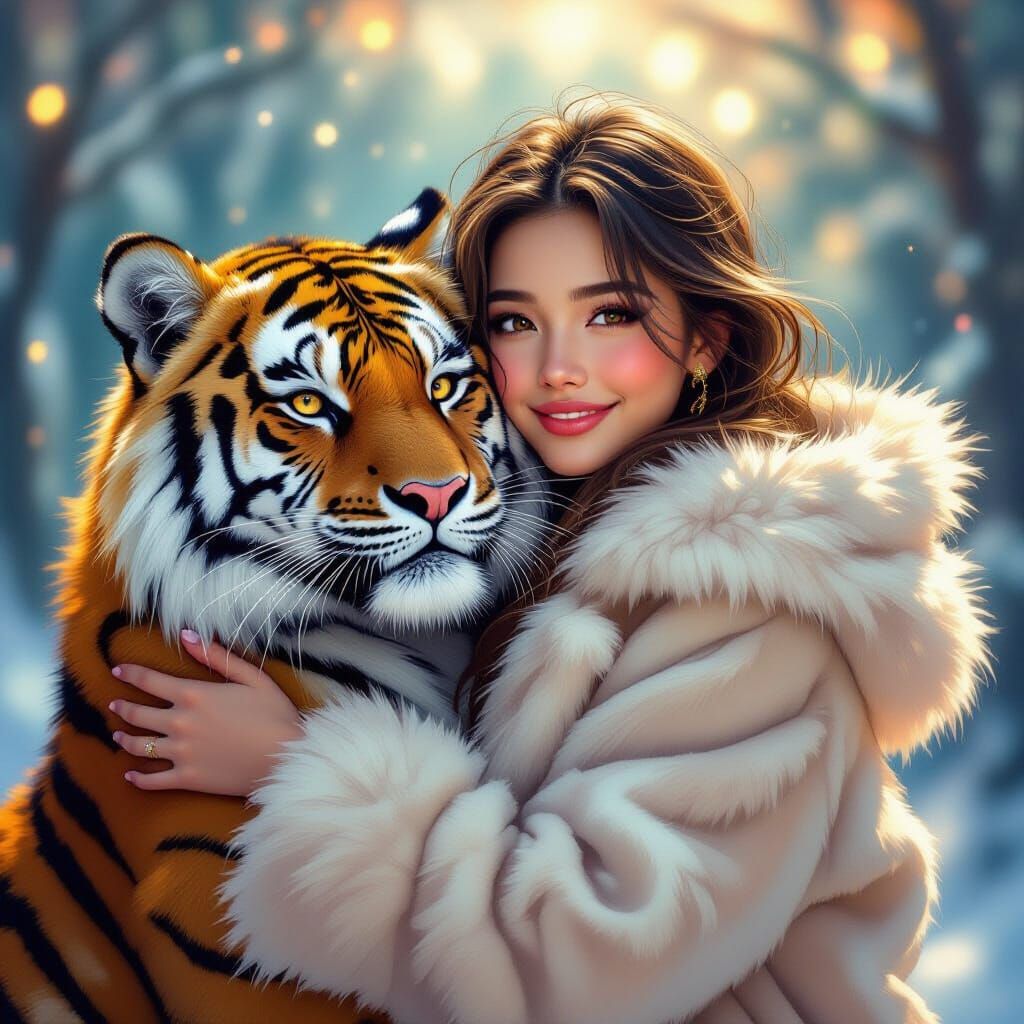 Woman Embraces Smiling Tiger in Dreamlike Digital Art
