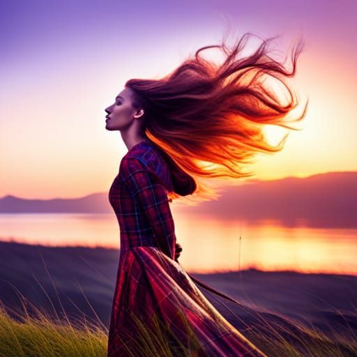 Magnificent female cyclist. Romantic. Flowers. Scottish. Tartan. Sunset ...