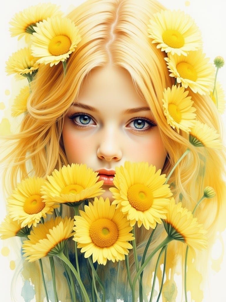A beautiful blonde girl (hidden behind a bouquet of yellow daisies:1.7), the flowers and her hair are of the same colour, yellow hair, water...