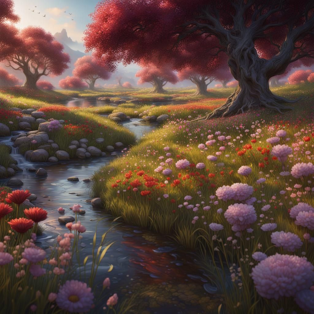 Meadow of flowers with a creek