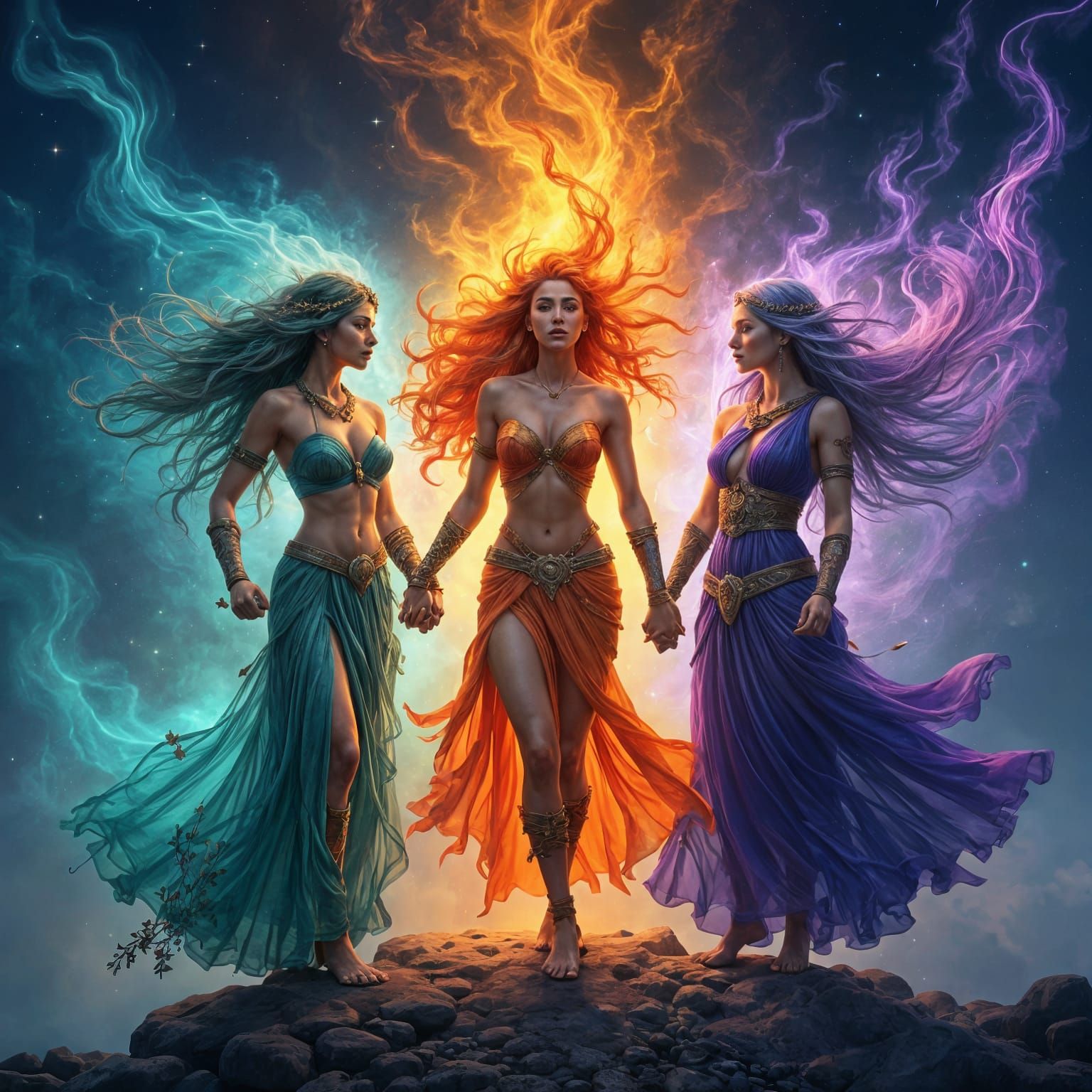 Three Goddesses of the Elements in Vibrant Digital Art