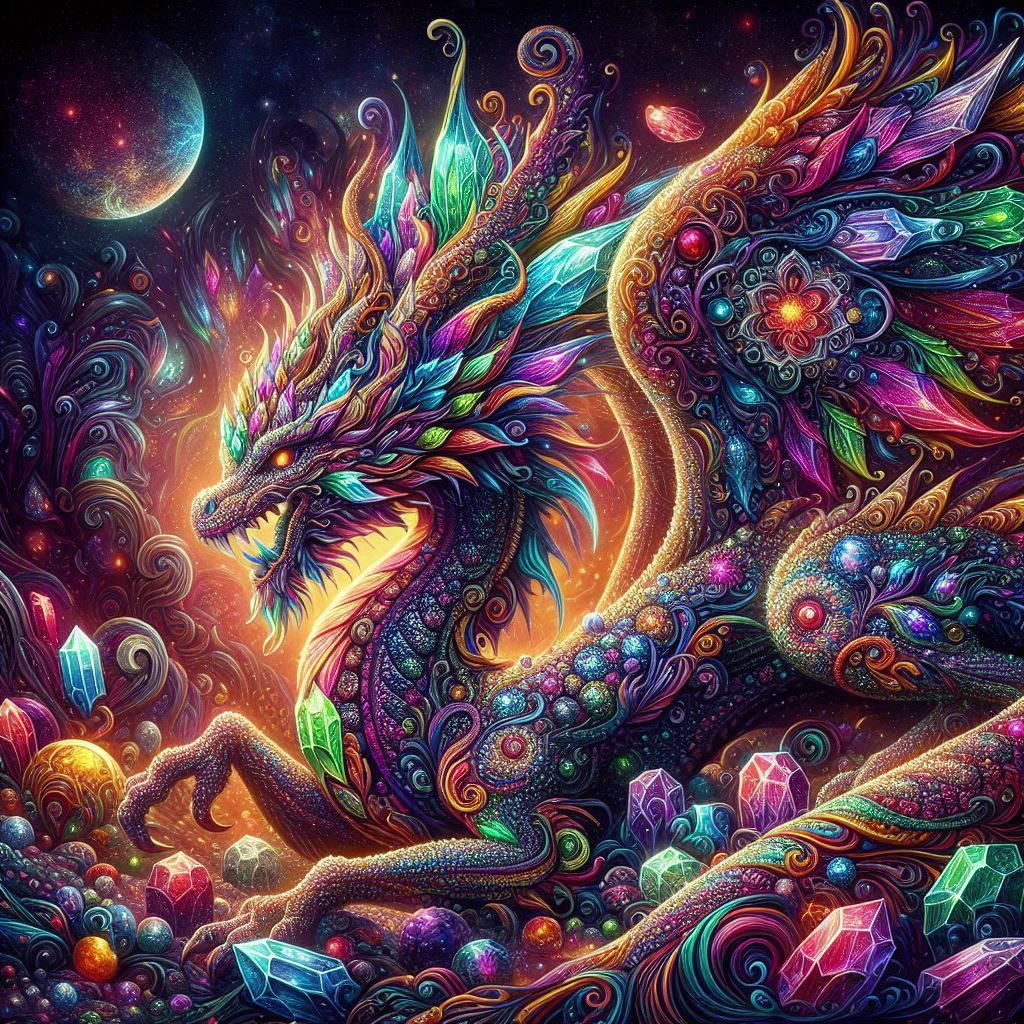 A majestic celestial goth crystal gemstone dragon adorned with intricate, colorful details. The scene is richly detailed and bursting with p...