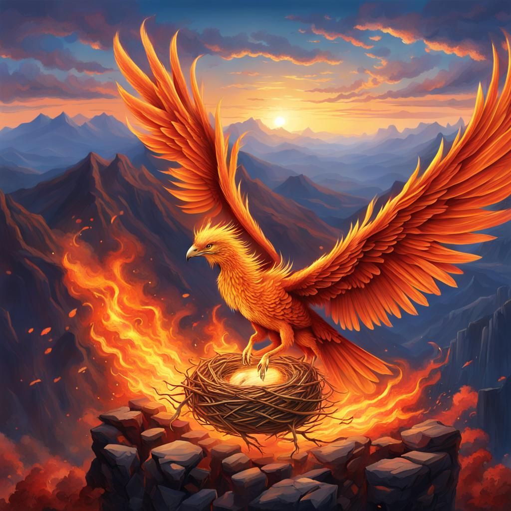 Phoenix, flaming wings over a nest, on top of a mountain